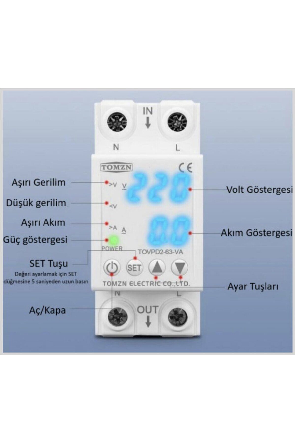 Tomzn Voltaj ve Akım Koruma Rölesi Yüksek Alçak Gerilim Akım Koruyucu 63A Yeni Tasarım