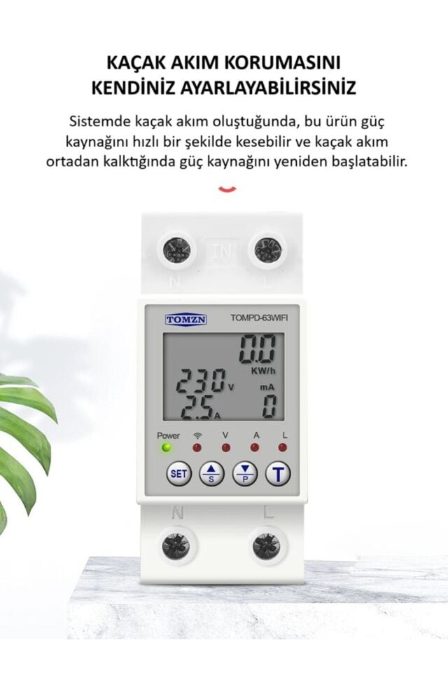 Tomzn Akıllı Kaçak Akım Koruma Rölesi ve Voltaj/Akım Koruyucu Röle 63A Monofaz - Ayarlanabilir KAR (10MA-99MA)