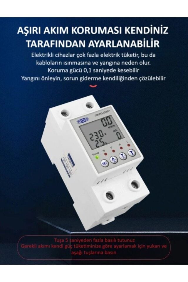 Tomzn Akıllı Kaçak Akım Koruma Rölesi ve Voltaj/Akım Koruyucu Röle 63A Monofaz - Ayarlanabilir KAR (10MA-99MA)