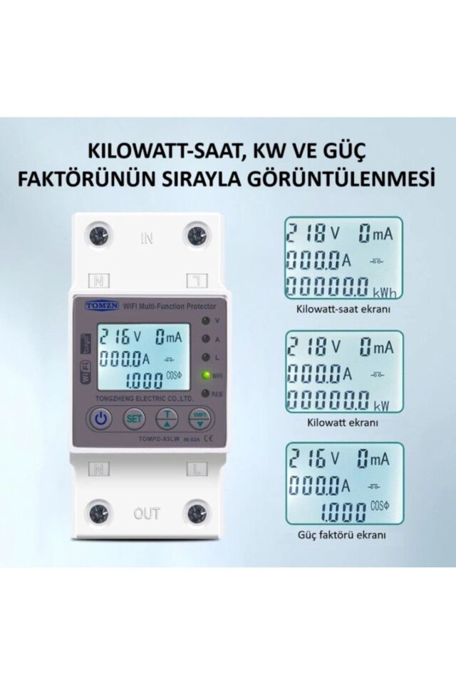 Tomzn Akıllı Kaçak Akım Rölesi ve Voltaj Akım Koruyucu Röle Gerilim 80A Monofaz (10mA-99mA)