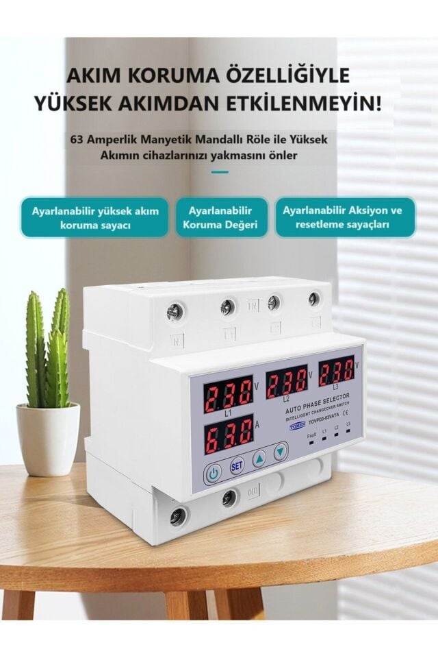 Tomzn Otomatik Faz Seçici Ve Yüksek Alçak Voltaj Akım Koruma Rölesi 220v 100A