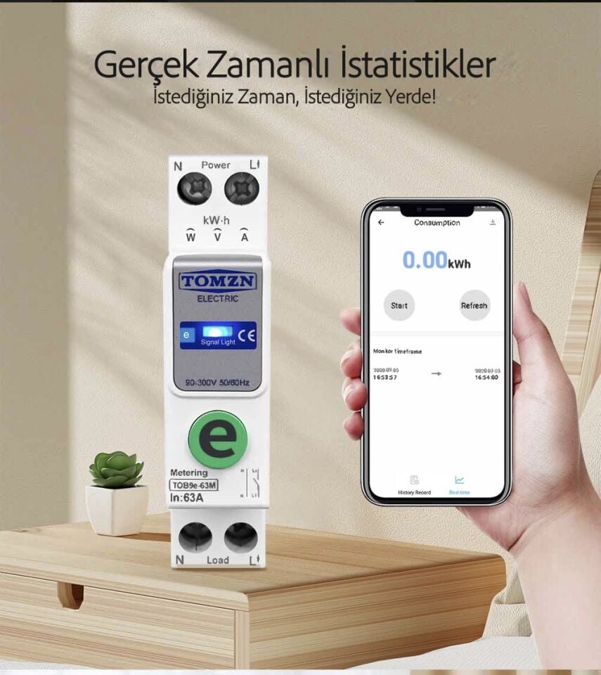 Tomzn Akıllı Voltaj ve Akım Koruma Rölesi, WiFi Özellikli Dahili Enerji Ölçer 63A eWelink Uyumlu