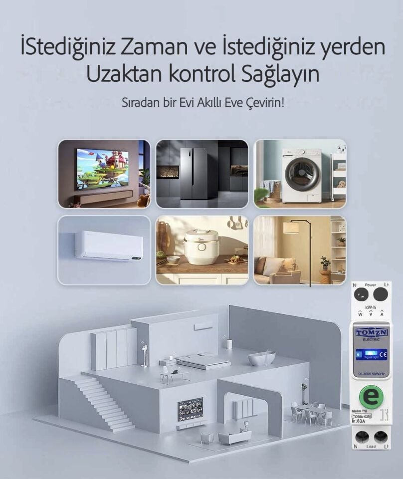 Tomzn Akıllı Voltaj ve Akım Koruma Rölesi, WiFi Özellikli Dahili Enerji Ölçer 63A eWelink Uyumlu