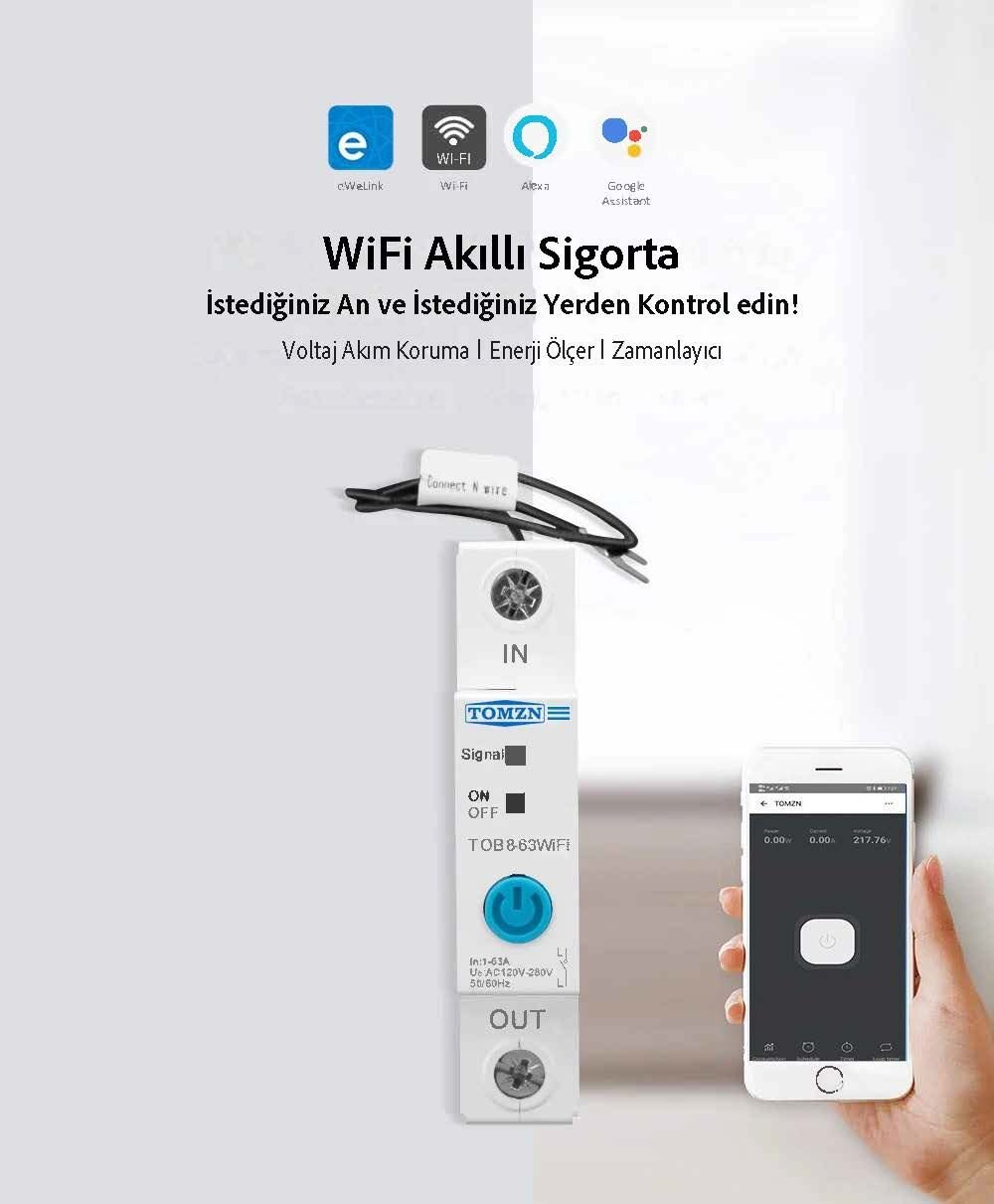 Tomzn WiFi Akıllı Voltaj ve Akım Koruma Rölesi, Dahili Enerji Ölçer 63A eWelink Uyumlu - Tek Kutup