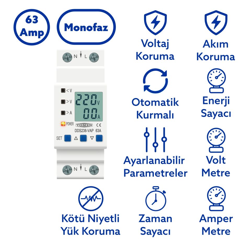 Tomzn Hiking Voltaj ve Akım Koruma Rölesi Yüksek Alçak Gerilim  ve Akım Koruyucu Röle 63A