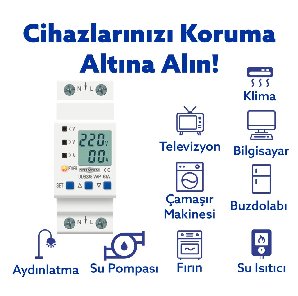 Tomzn Hiking Voltaj ve Akım Koruma Rölesi Yüksek Alçak Gerilim  ve Akım Koruyucu Röle 63A