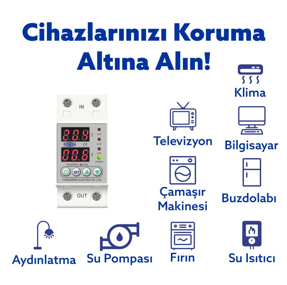 Tomzn Voltaj ve Akım Koruma Rölesi Yüksek Alçak Gerilim Akım Koruyucu Monofaz 80A