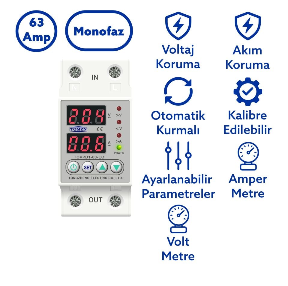 Tomzn Voltaj ve Akım Koruma Rölesi Yüksek Alçak Gerilim Akım Koruyucu 63A Elektrik Bekçisi