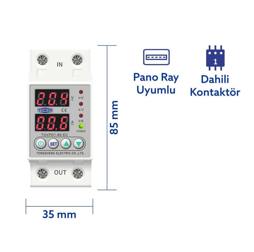 Tomzn Voltaj ve Akım Koruma Rölesi Yüksek Alçak Gerilim Akım Koruyucu 63A Elektrik Bekçisi