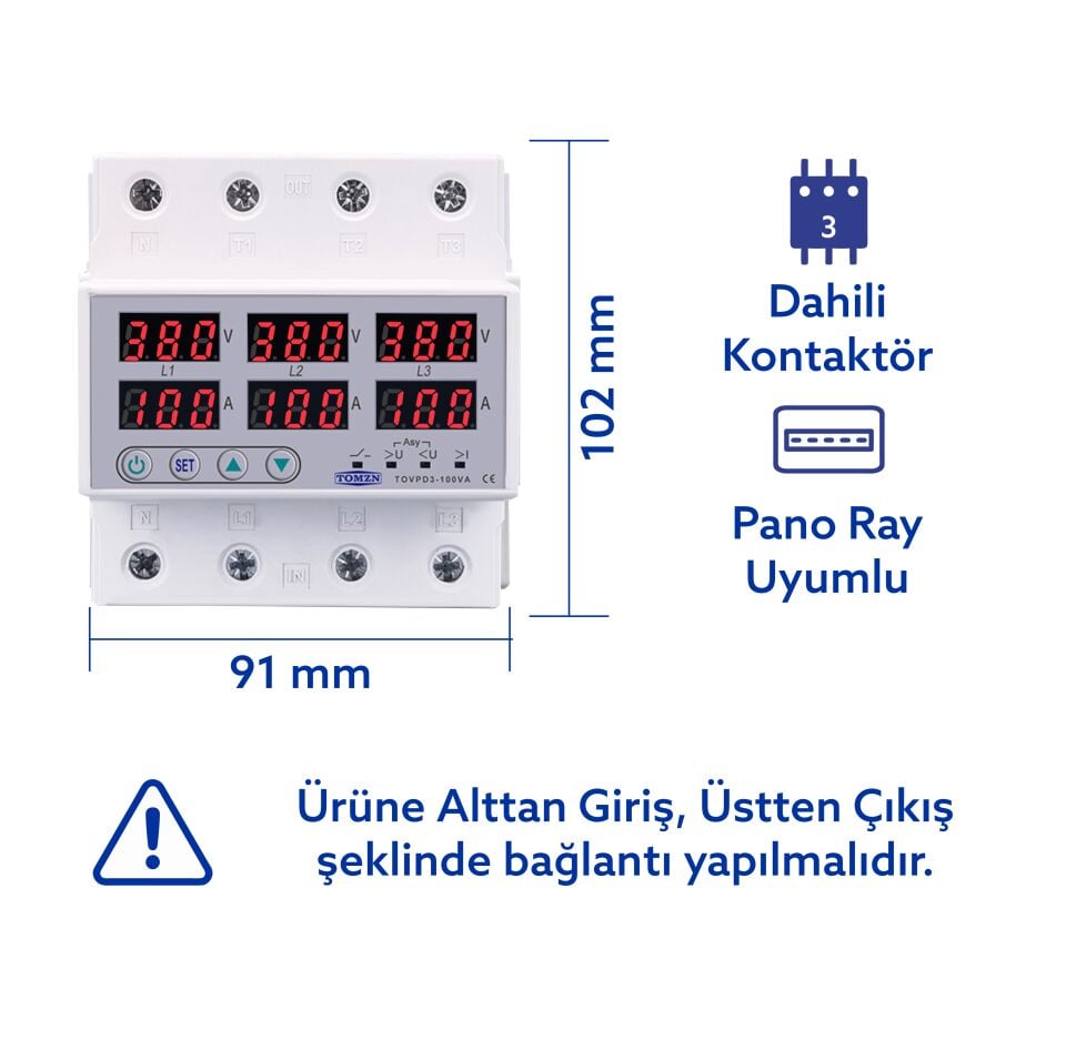 Tomzn Trifaz 380V 100A Gerilim ve Akım Koruma Rölesi Yüksek Alçak Voltaj Koruyucu Röle - Sanayi Tipi