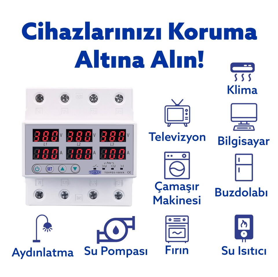 Tomzn Trifaz 380V 100A Gerilim ve Akım Koruma Rölesi Yüksek Alçak Voltaj Koruyucu Röle - Sanayi Tipi