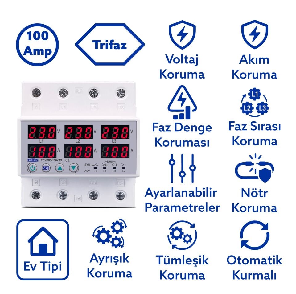 Tomzn Ayrışık Voltaj ve Akım Koruma Rölesi Gerilim Koruyucu 100A 3 Fazlı - Ev Tipi Trifaz