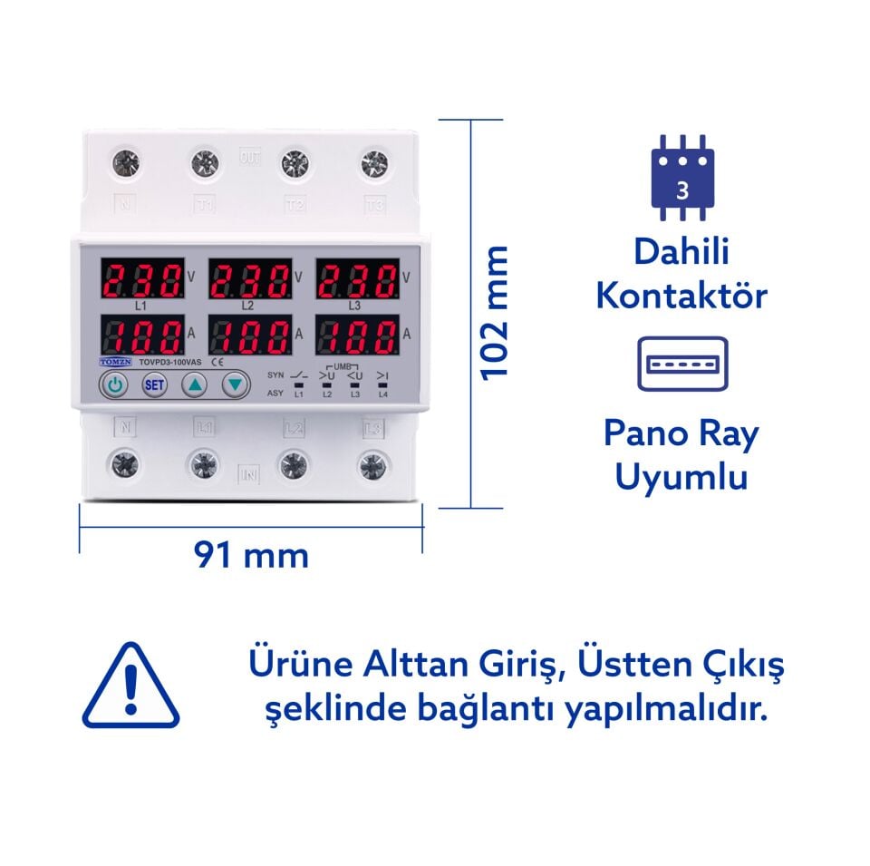 Tomzn Ayrışık Voltaj ve Akım Koruma Rölesi Gerilim Koruyucu 100A 3 Fazlı - Ev Tipi Trifaz