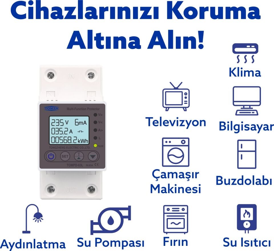 Tomzn Kaçak Akım Koruma Rölesi ve Yüksek Voltaj ve Akım Koruyucu Röle 63A Devrim Niteliğinde Yenilik