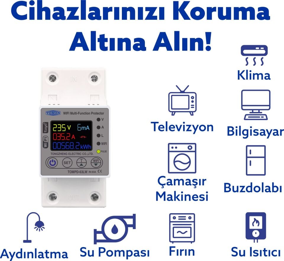 Tomzn Kaçak Akım Koruma Rölesi Ve Yüksek Voltaj Ve Akım Koruyucu Röle 63A Wifi Özellikli Devrim