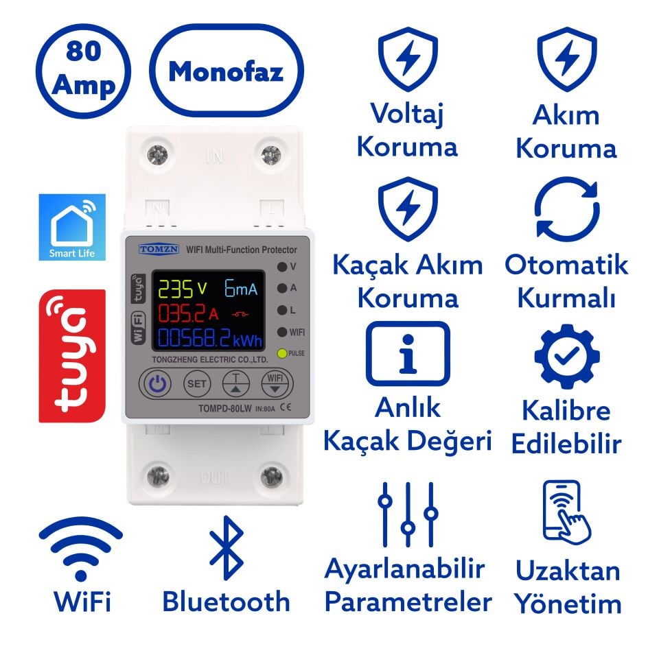 Tomzn Akıllı Kaçak Akım Rölesi ve Voltaj Akım Koruyucu Röle Gerilim 80A Monofaz (10mA-99mA)