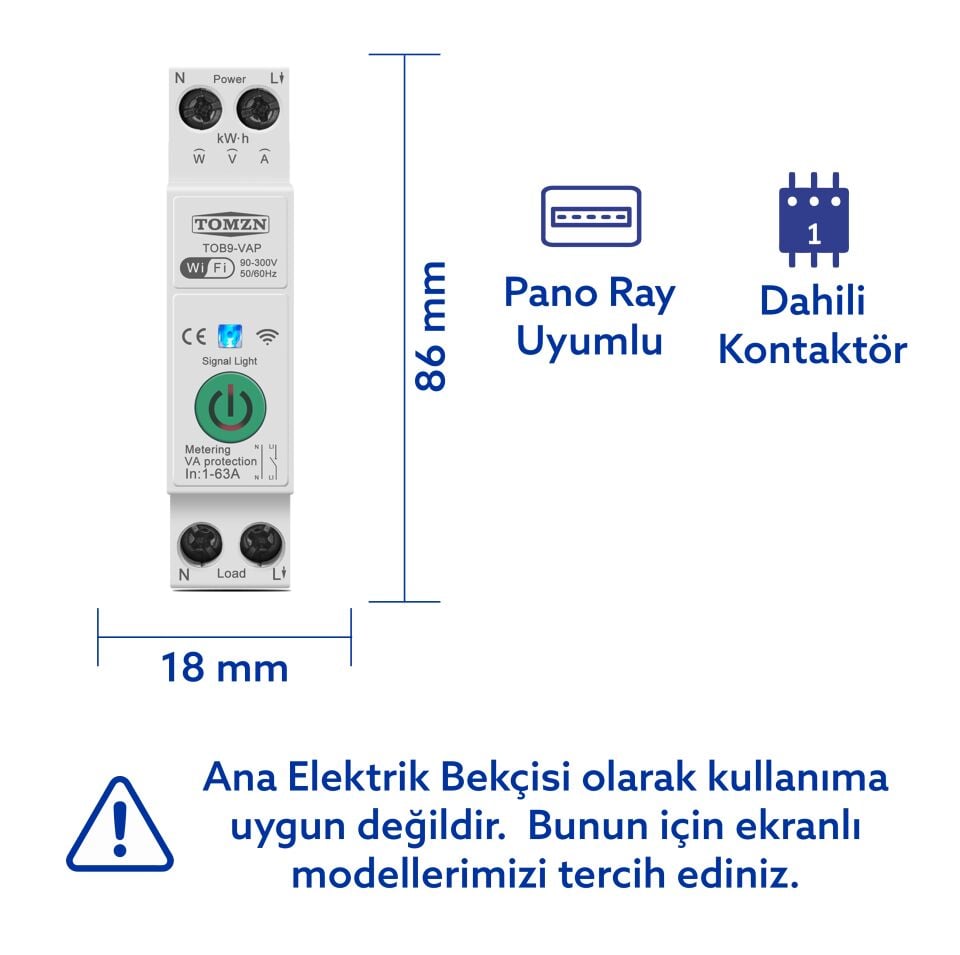 Tomzn Akıllı Voltaj ve Akım Koruma Rölesi, WiFi Özellikli Dahili Enerji Ölçer 63A - Akıllı Sigorta
