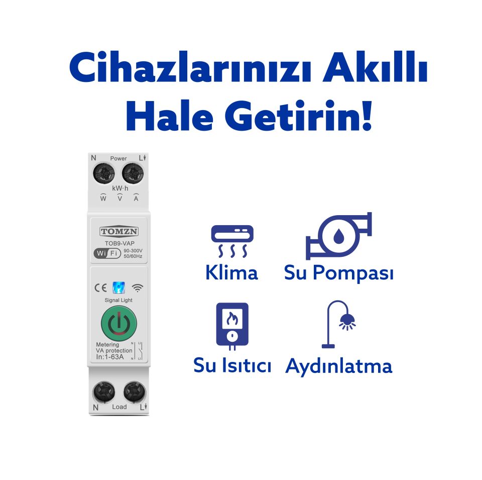 Tomzn Akıllı Voltaj ve Akım Koruma Rölesi, WiFi Özellikli Dahili Enerji Ölçer 63A - Akıllı Sigorta