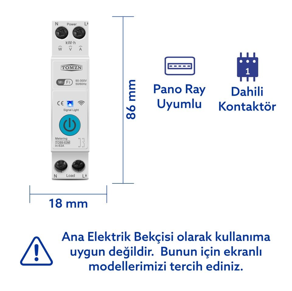 Tomzn WiFi Özellikli Akıllı Sigorta Dahili Enerji Ölçerli Zaman Rölesi 63A