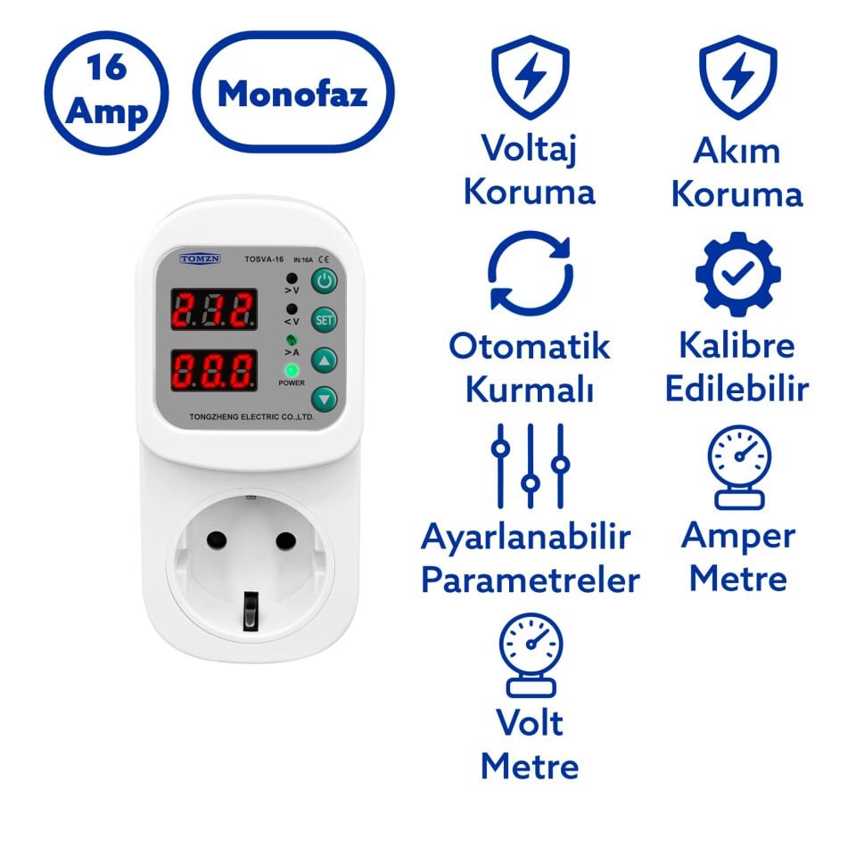 Tomzn Akım Korumalı Priz 16A Ayarlanabilir Voltaj ve Akım Koruma Prizi - Elektrik Bekçisi