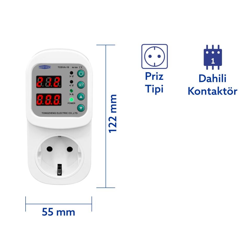 Tomzn Akım Korumalı Priz 16A Ayarlanabilir Voltaj ve Akım Koruma Prizi - Elektrik Bekçisi
