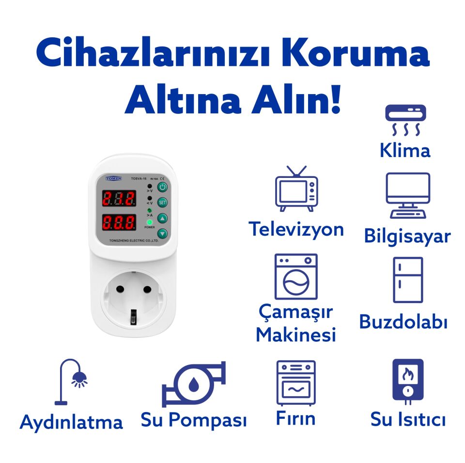 Tomzn Akım Korumalı Priz 16A Ayarlanabilir Voltaj ve Akım Koruma Prizi - Elektrik Bekçisi