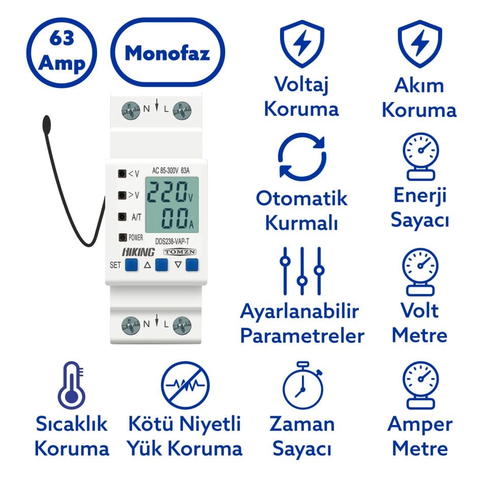 Tomzn Hiking Sıcaklık Korumalı Voltaj ve Akım Koruma Rölesi 63A Dahili Kontaktör Elektrik Bekçisi