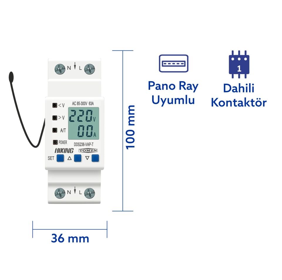Tomzn Hiking Sıcaklık Korumalı Voltaj ve Akım Koruma Rölesi 63A Dahili Kontaktör Elektrik Bekçisi