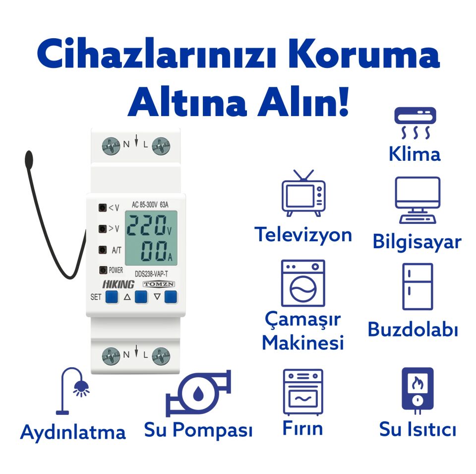 Tomzn Hiking Sıcaklık Korumalı Voltaj ve Akım Koruma Rölesi 63A Dahili Kontaktör Elektrik Bekçisi