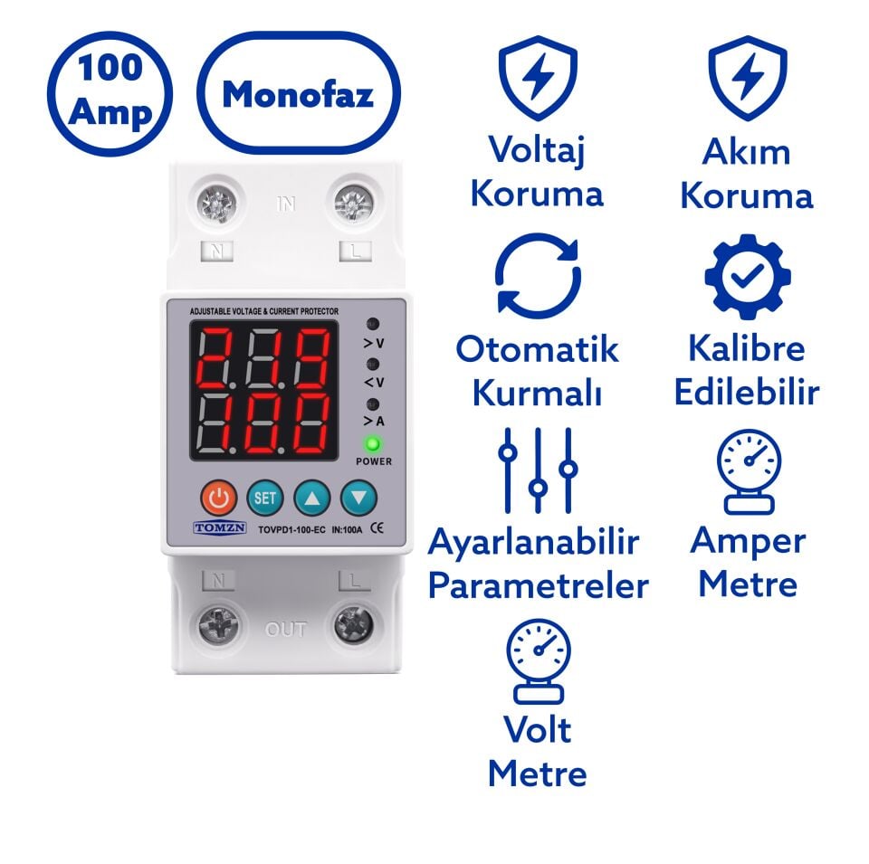 Tomzn Voltaj ve Akım Koruma Rölesi Yüksek Alçak Gerilim Akım Koruyucu 100A Elektrik Bekçisi