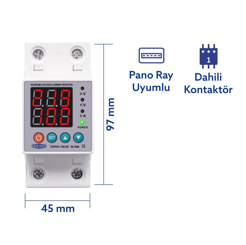 Tomzn Voltaj ve Akım Koruma Rölesi Yüksek Alçak Gerilim Akım Koruyucu 100A Elektrik Bekçisi