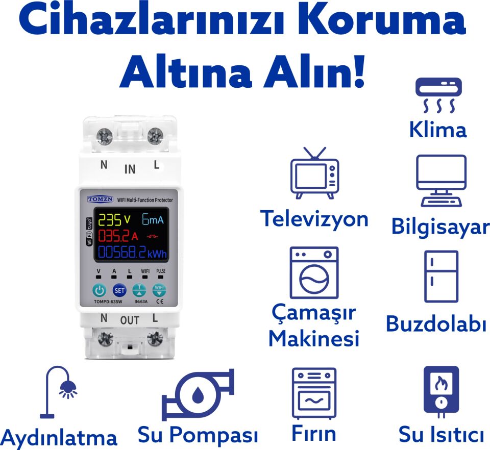 Tomzn Kaçak Akım Koruma Rölesi Ve Yüksek Voltaj Ve Akım Koruyucu Röle 63A Wifi Özellikli Devrim