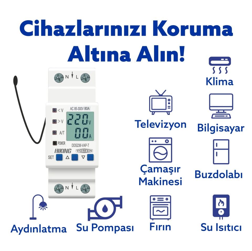 Tomzn Hiking Sıcaklık Korumalı Voltaj ve Akım Koruma Rölesi 80A Dahili Kontaktör Elektrik Bekçisi