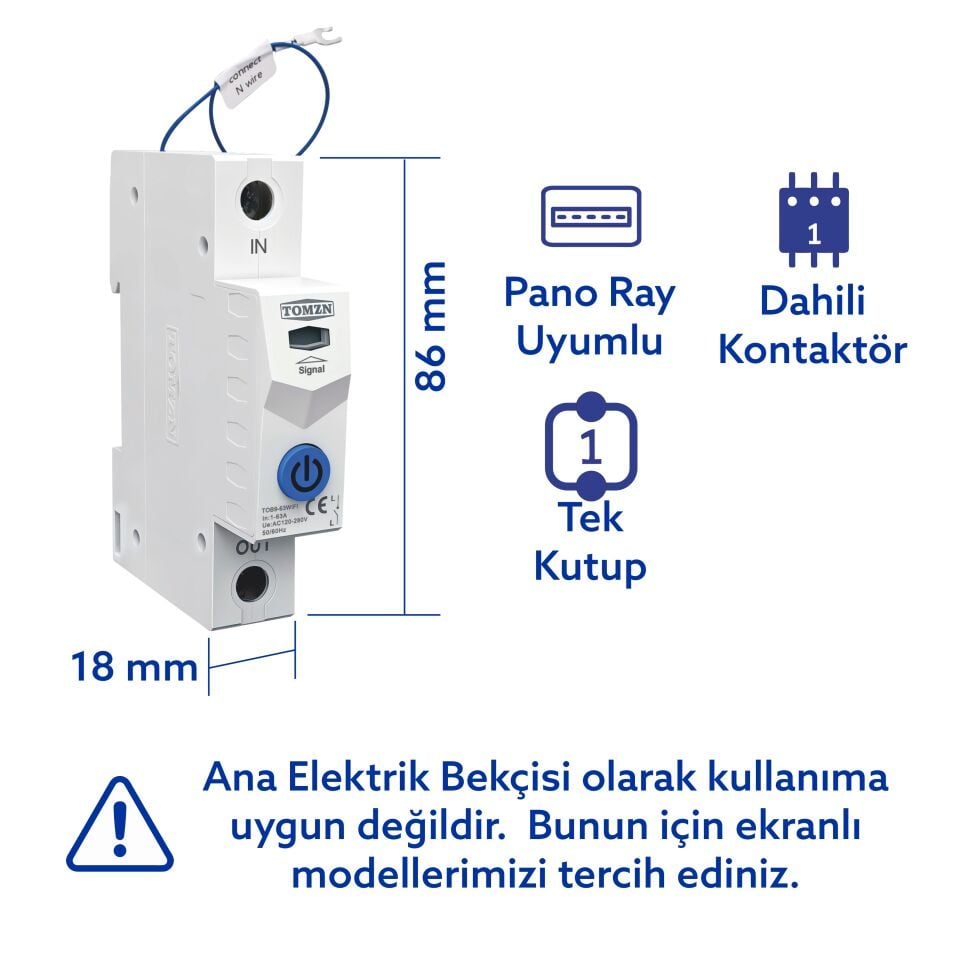 Tomzn Akıllı Voltaj ve Akım Koruma Rölesi, Sıcaklık Korumalı WiFi SmartLife Tuya 63A - Tek Kutup